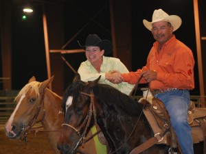 Corpus Christi trainer Lorrie Grover (left) on Jessie Jane, and Norco's Buzz Riebschlager on Windy shared top honors at the end of the Extreme Mustang Makeover Trail Challenge Finals.
