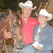Bob and Dana Avila pose with Chics Magic Potion after winning the 2009 NSHA World’s Richest Stock Horse Competition. The  bridle came off the 9-year-old stallion for the last time in the show arena, as Avila announced he intended to retire “Magic.”