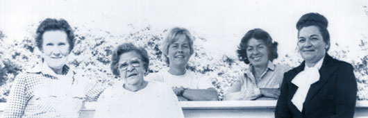FOUNDING MOTHERS--The original 1979 California Horsetrader team: (from left) Marie Luce, Lillian Read, Barbara Donelson Hieronymous, founder Carolyn Read, and Mary Lou Henry.