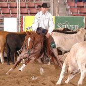 Boyd Rice and Picka Patcha Pepto earn the NRCHA Snaffle Bit Futurity Open Reserve Co-Championship with a 446.5 composite score.