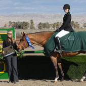 Melissa Doddridge, who trains with Tracy Baer at Windsong Farm in Huntington Beach, rode Bentley and Best Man, respectively, to first and second places at the HITS $10,000 Devoucoux Hunter Derby on Feb. 8 in Thermal.