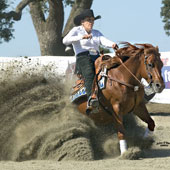Janette Raymer of Temecula and Easy Electric ride atop the 2011 Trifecta Non Pro Reining Challenge.