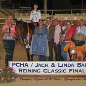 Kelly Trammell of Temecula and her 14-year-old gelding, Hagans Sugarman, shine in the limelight of the PCHA Jack and Linda Baker Reining Finals after winning the 49-under Division. She also received the Tricia Bisbee Trophy as the Youngest Rider title to compete in the two day event, Aug. 19-20, at the Los Angeles Equestrian Center.