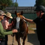 Trainer Patty Morton (front left), along with fellow San Marcos trainer Robin Bond, prepare a horse for San Marcos Director of Community Services, Buck Martin, before heading out on a ride along city trails.