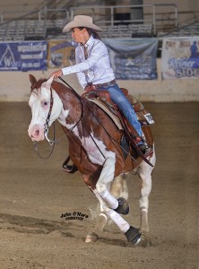 Petra Ehrhardt and her Colonels Splashy Gun took the win in the CRHA and NRHA Rookie Level 1 classes. (John O’Hara photo)